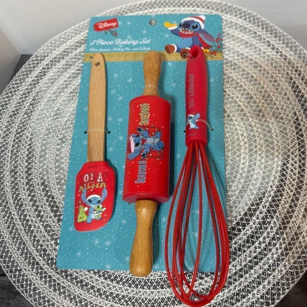 Disney Stitch Christmas Baking Set Spatula, Rolling Pin, Whisk Set of 3 NWT